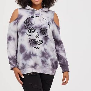 Fleece Bat Skull Tie Dye Grey Cold Shoulder Hoodie